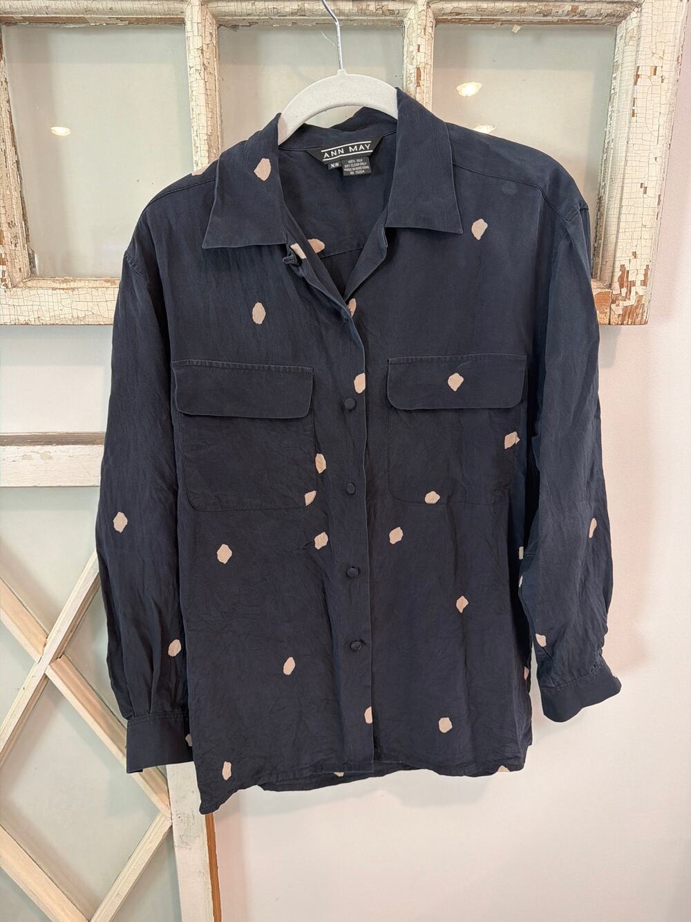 Ann May size XS vintage silk blouse black & beige